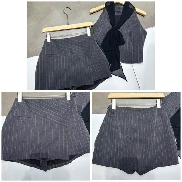Women Sleeveless Pinstripes Two Piece Wrap Short Set