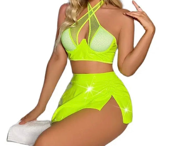 Women Green PU Sexy Three Piece Lingerie Set