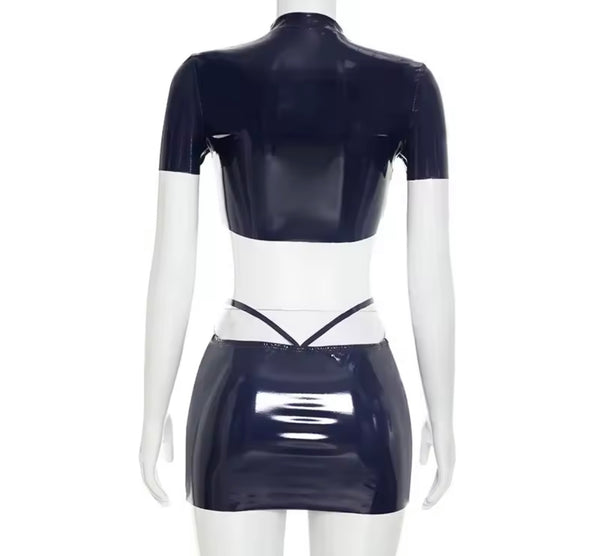 Women Blue Sexy Zip Up Cut Out PU Short Sleeve Dress