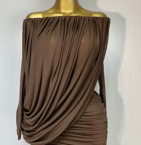 Women Off The Shoulder Ruched Full Sleeve Sexy Maxi Dress