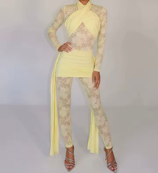Women Sexy Full Sleeve Color Lace Ribbon Jumpsuit