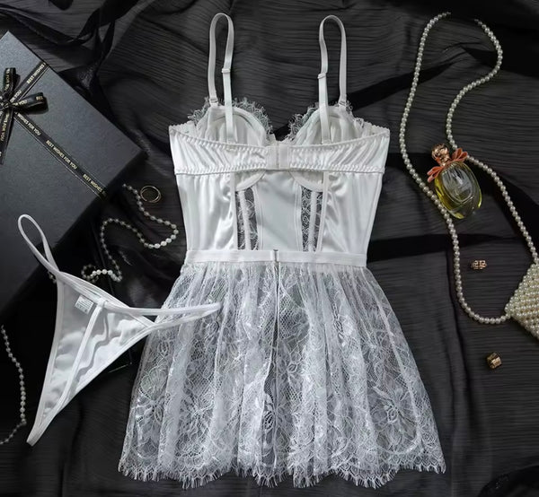 Women Sexy White Lace Nightgown Lingerie Set