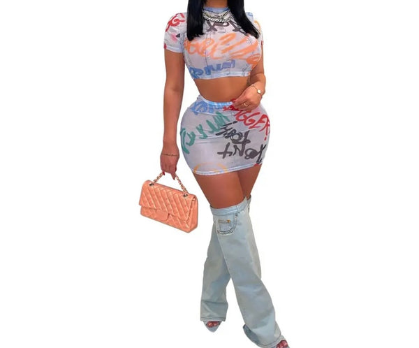 Women Sexy Graffiti Print Short Sleeve Two Piece Skirt Set