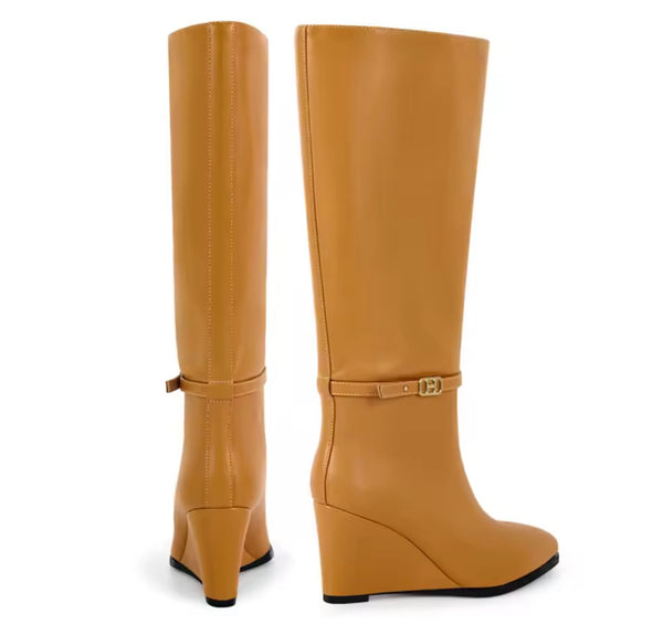 Women Fashion Color Faux Leather Buckle Wedge Knee High Boots