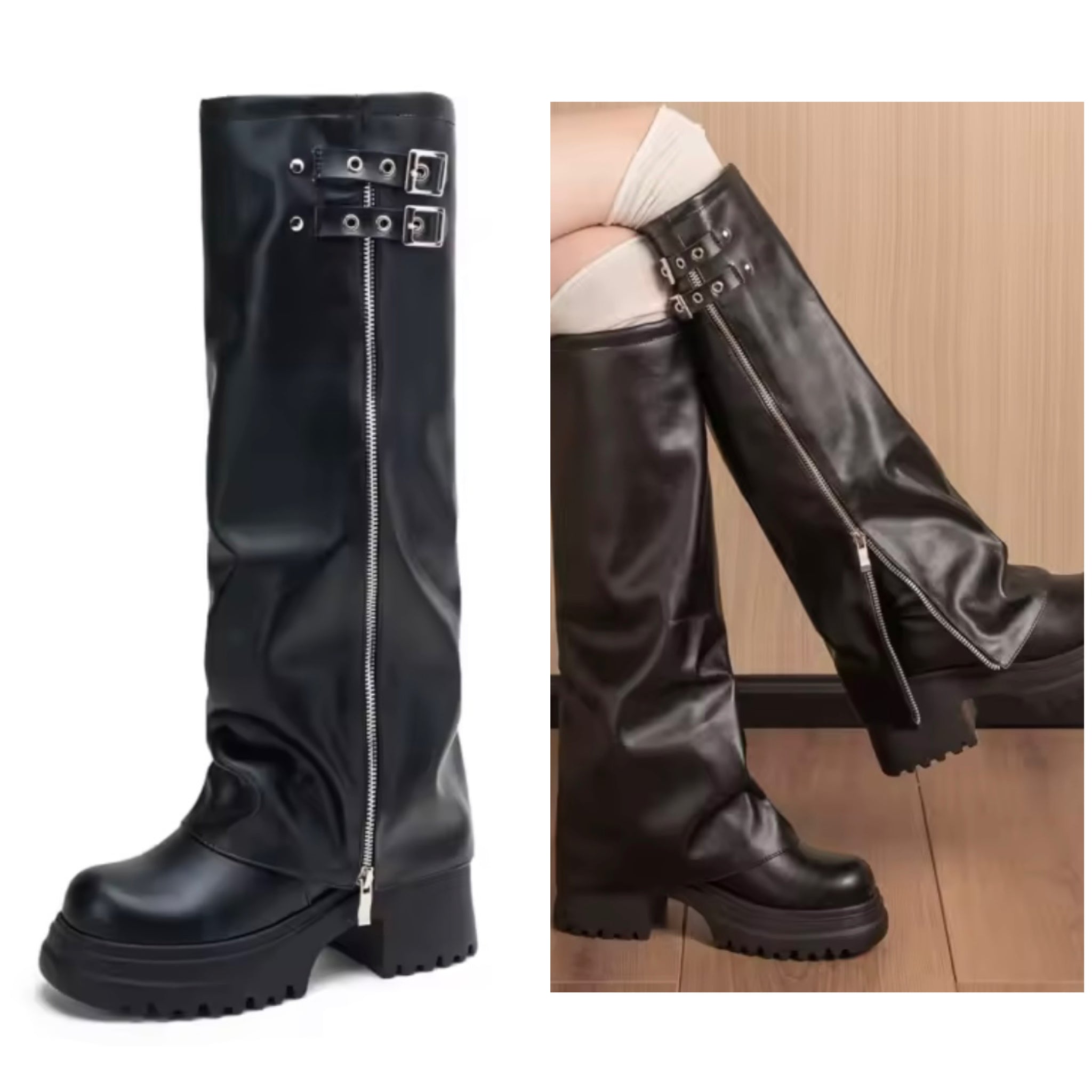 Women Black Buckled Zipper Fashion Faux Leather Knee High Boots