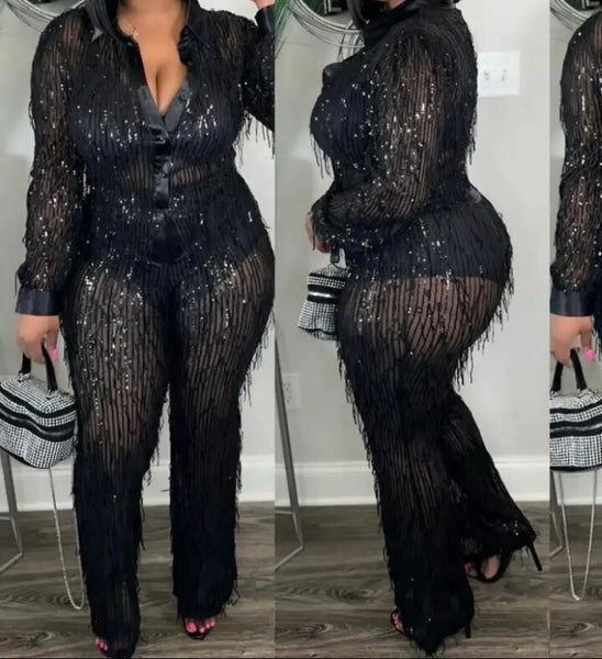Women Sexy Fashion Button Up Sequins Mesh Two Piece Pant Set