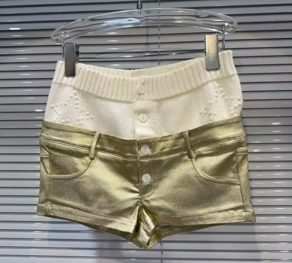 Women Fashion Gold Metallic Knitted Patchwork PU Button Up Shorts