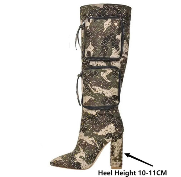 Women Fashion Bling Pocket Camouflage Knee High Boots