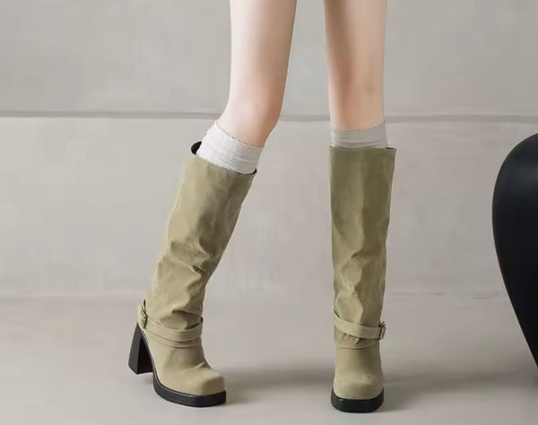 Women Fashion Square Toe Buckled Suede Knee High Boots