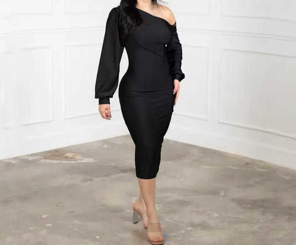 Women Sexy Skew Collar Full Sleeve Solid Color Dress
