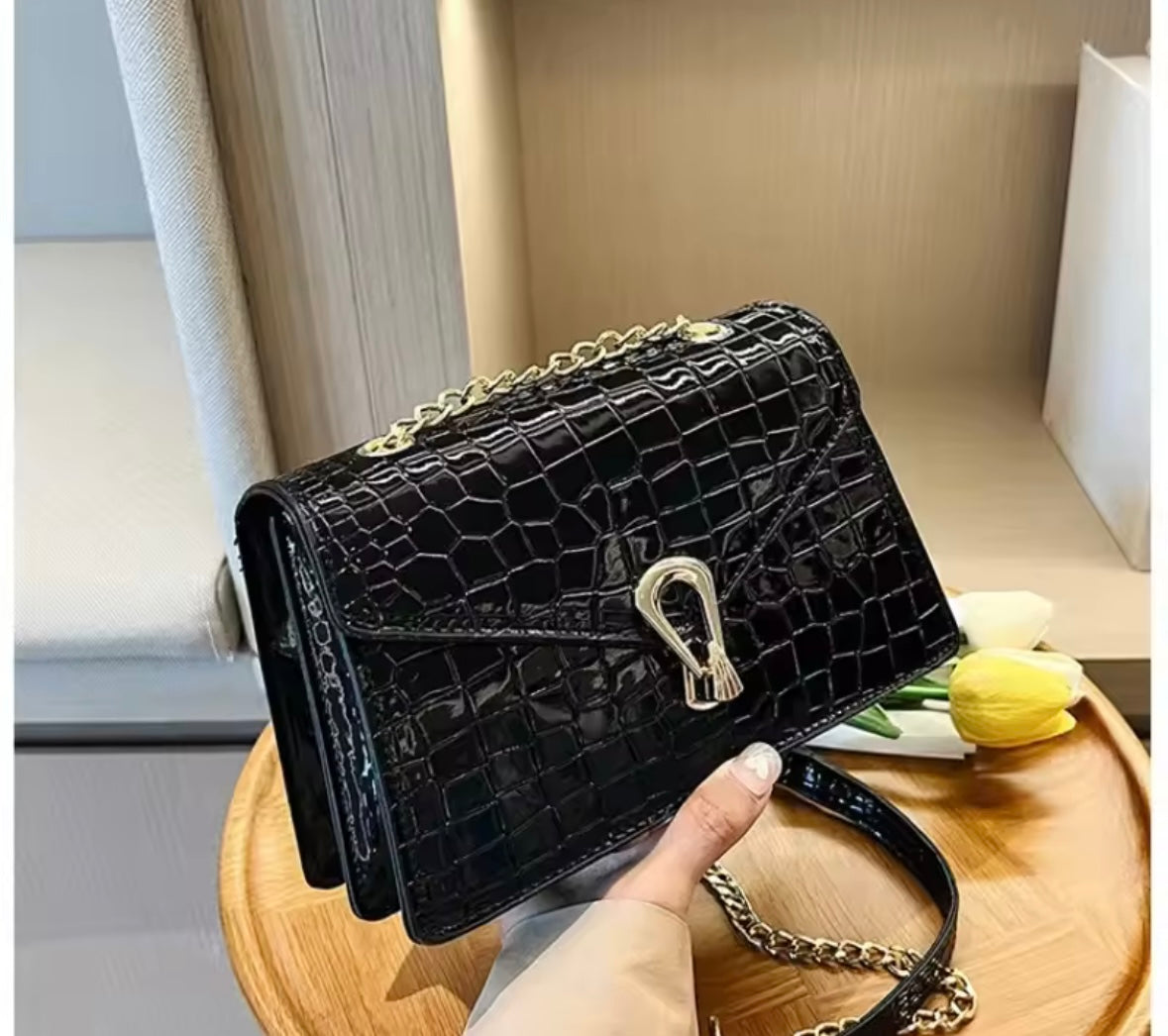 Women Fashion Faux Leather Metal Chain Handbag Purse