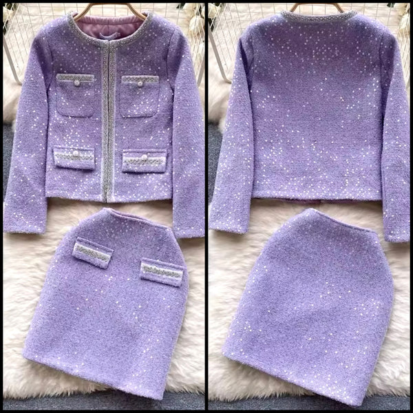 Women Purple Sequins Bling Tweed Two Piece Skirt Set