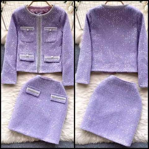 Women Purple Sequins Bling Tweed Two Piece Skirt Set