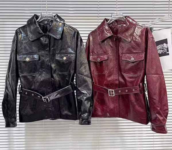 Women Faux Leather Zip Up Belted Fashion Jacket