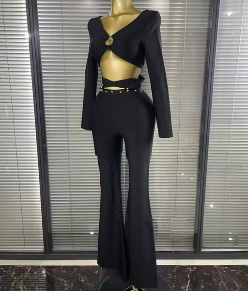 Women Black Full Sleeve Crop Rivet Two Piece Pant Set