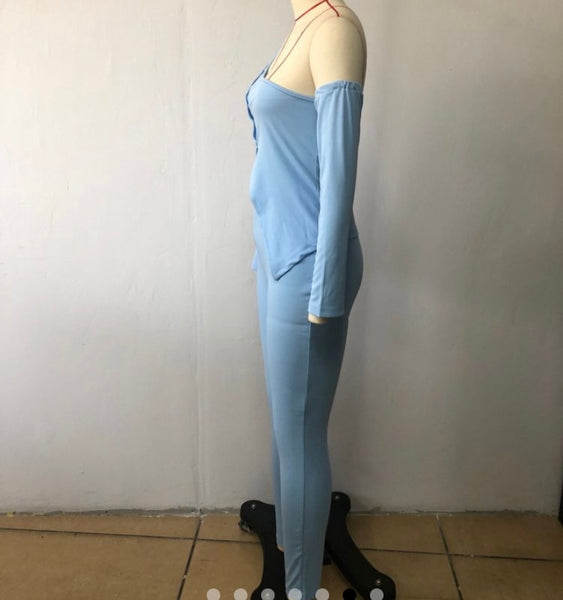 Women Off The Shoulder Full Sleeve Solid Color Two Piece Pant Set