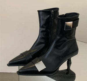 Women Black Pointed Toe Buckled Fashion Ankle Boots