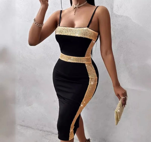 Women Sexy Sleeveless Black Gold Sequins Patchwork Dress