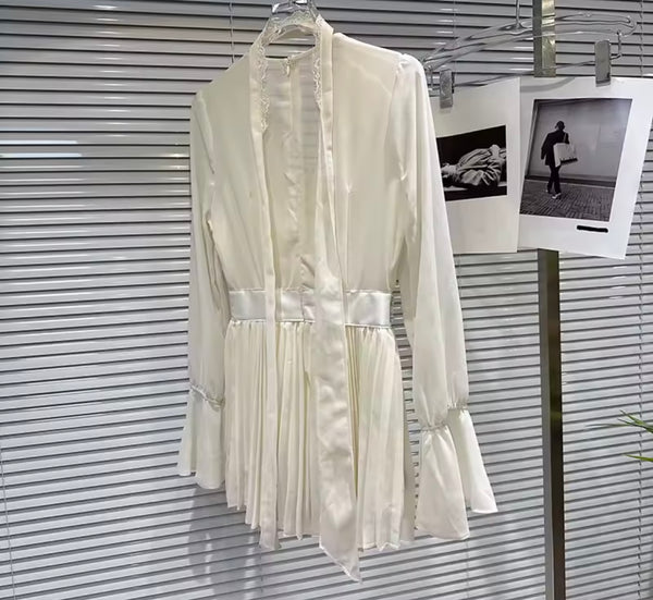 Women Sexy Crystal Chiffon Ruffle Full Sleeve Two Piece Pleated Skirt Set