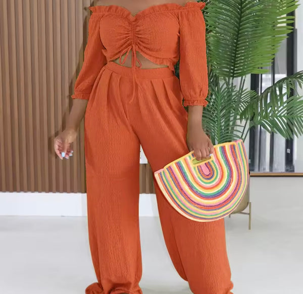 Women Off The Shoulder Full Sleeve Ruched Two Piece Pant Set
