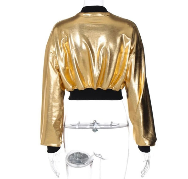 Women Fashion Metallic Color Patchwork PU Crop Jacket