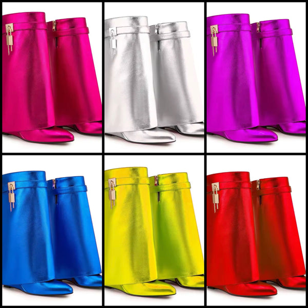 Women Fashion Color Metallic Buckled Lock Wedge Boots