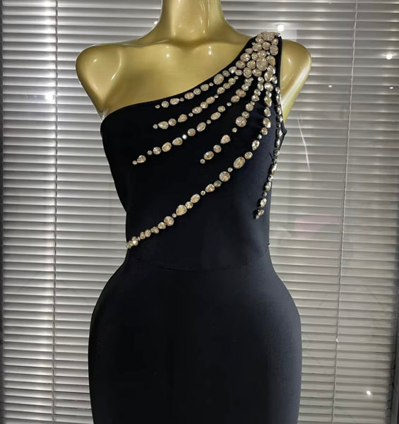 Women Black Rhinestone One Shoulder Sleeveless Maxi Dress