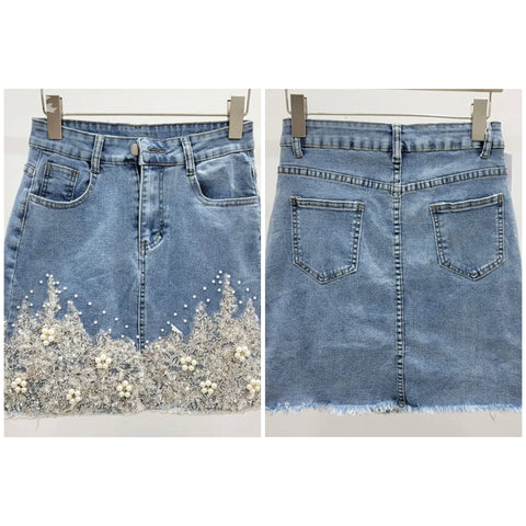 Women Fashion Pearl Bling Denim Skirt