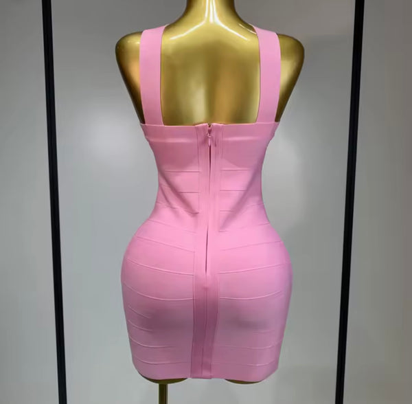 Women Sexy Pink Halter Sleeveless Bandage Dress