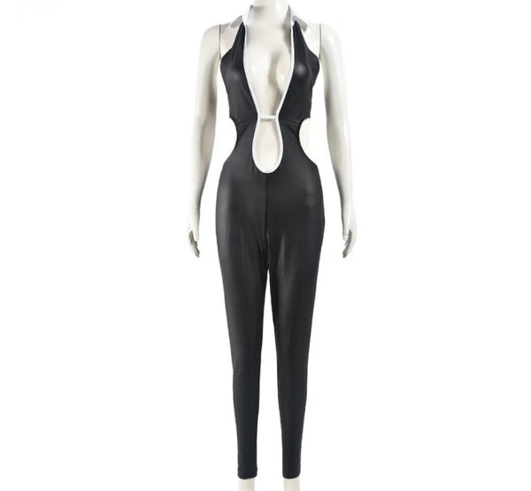 Women Sexy B&W Collar Halter Sleeveless PU Jumpsuit