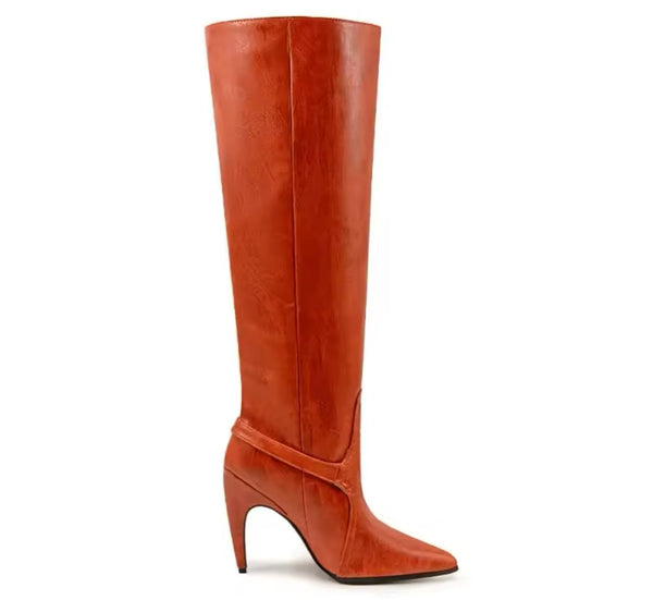 Women Buckled Faux Leather Fashion High Heel Knee High Boots