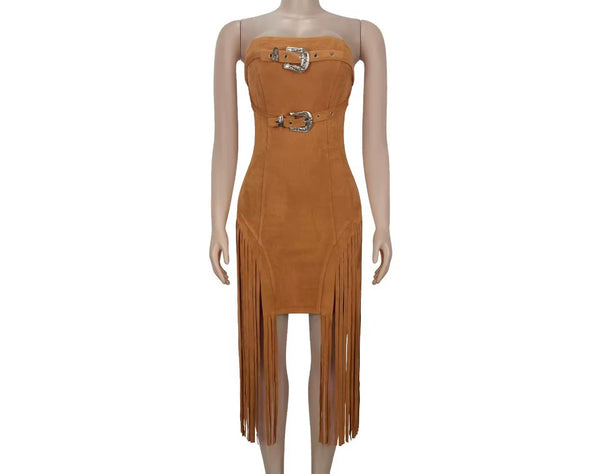 Women Sexy Buckled Strapless Fringe Tassel Suede Dress