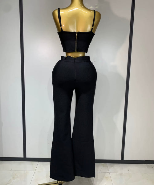 Women Rhinestone Sleeveless Black Sexy Two Piece Pant Set