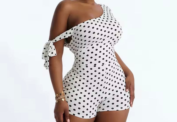 Women Sexy One Shoulder Sleeveless Polka Dot Romper