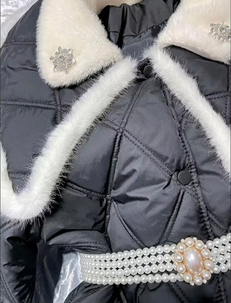 Women Fashion B&W Faux Fur Patchwork Pearl Belted Jacket