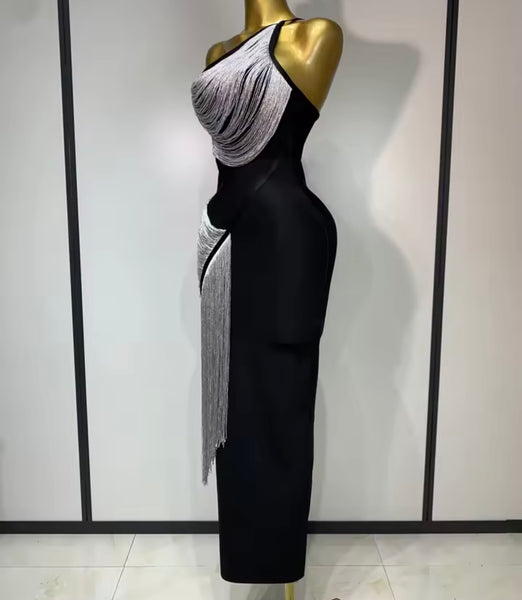 Women Black Sleeveless Sexy Silver Tassel Maxi Dress