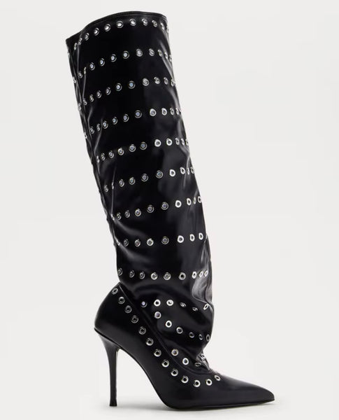 Women Fashion Black Rivet Faux Leather Knee High Boots