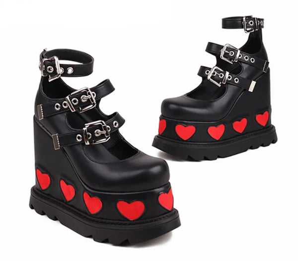 Women Fashion Buckled Heart Platform Shoes