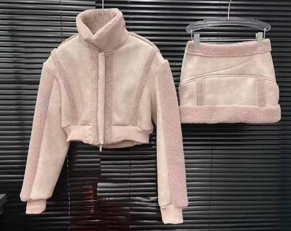 Women Fashion Fur Patchwork Jacket Two Piece Skirt Set
