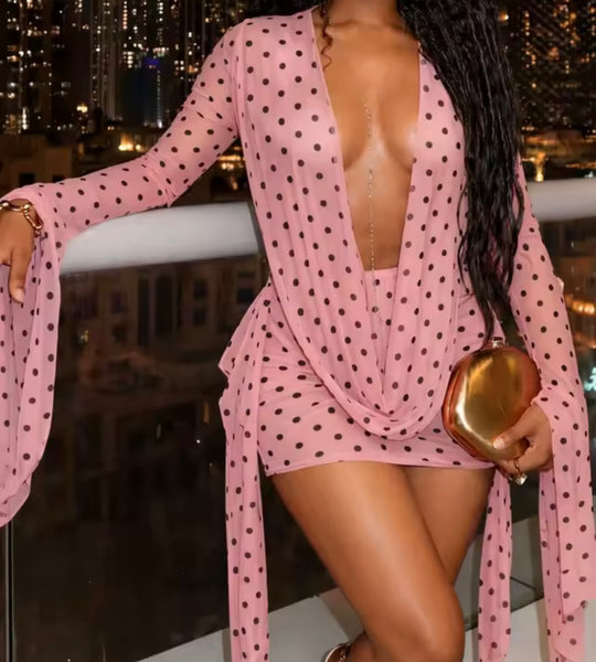Women Sexy Draped V-Neck Full Sleeve Polka Dot Mesh Dress