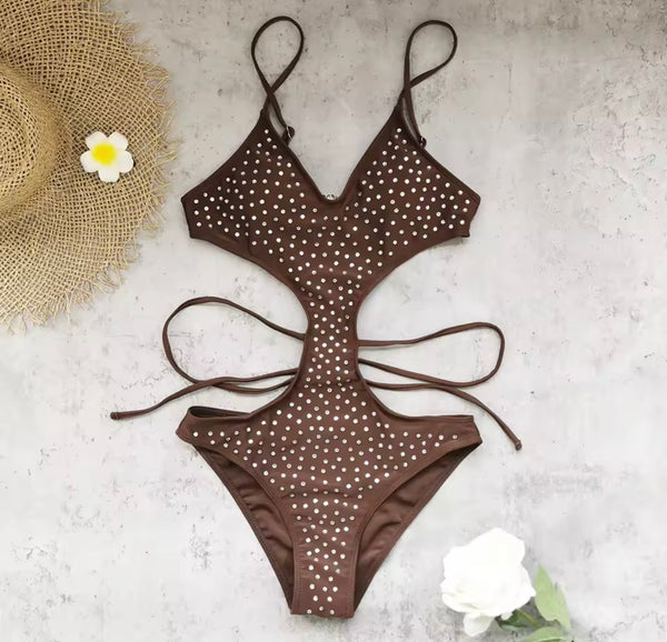 Women Brown Bling Sexy Cut Out Swimsuit