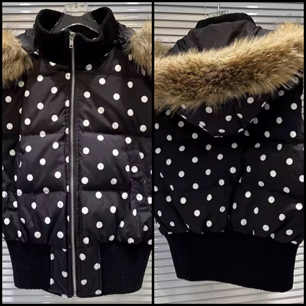 Women B&W Polka Dot Fur Hooded Zip Up Puff Vest Jacket