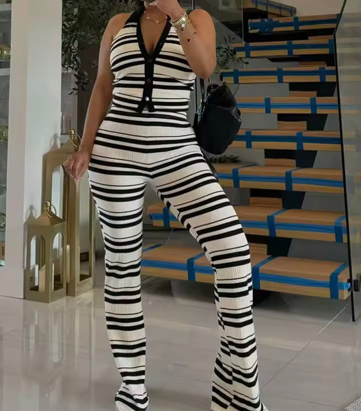 Women Fashion Halter Sleeveless Striped Two Piece Pant Set