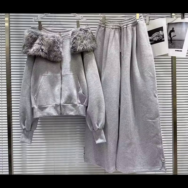 Women Gray Off The Shoulder Zip Up Fashion Two Piece Pant Set