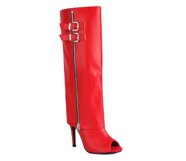 Women Open Toe Side Buckled Zipper Fashion Faux Leather Boots