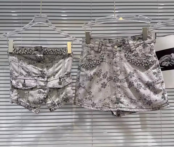 Women Rhinestone Strapless Floral Denim Two Piece Wrap Short Set