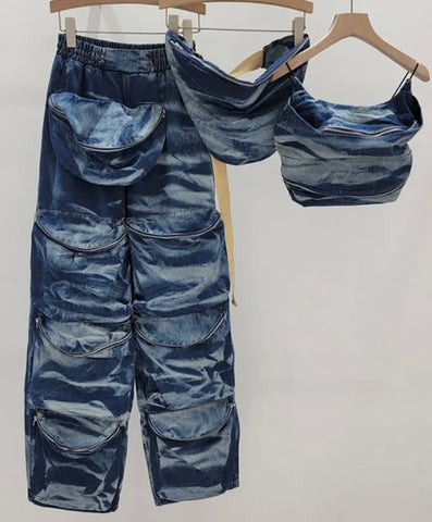 Women Fashion Sleeveless Zipper Pocket Three Piece Denim Pant Set