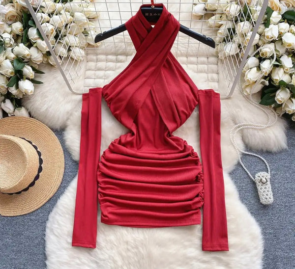 Women Sexy Red Ribbed Halter Full Sleeve Dress