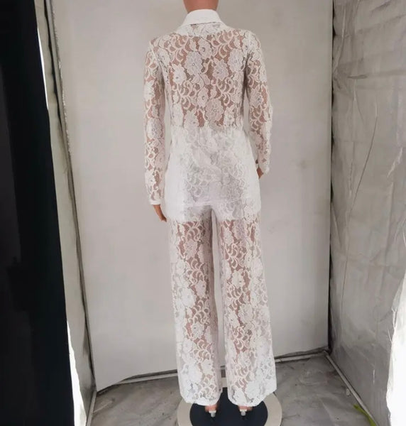 Women Sexy Fashion Full Sleeve Lace Blazer Two Piece Pant Set