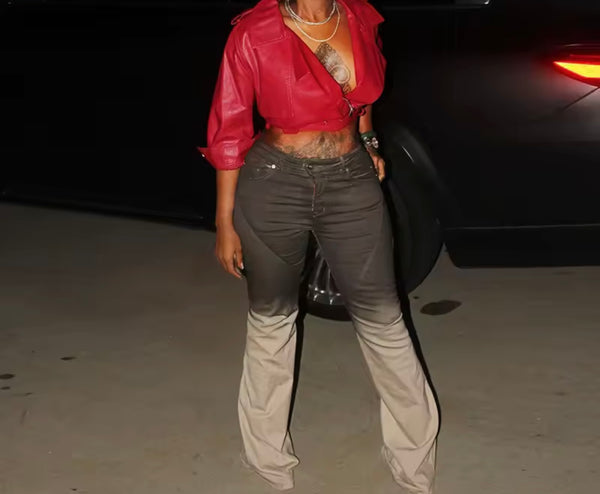 Women Color Fashion Zip Up Buckled Faux Leather Crop Jacket